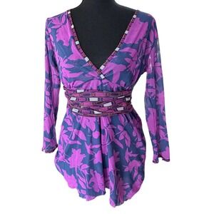 Sweet Pea by Stacy Frati Floral Mesh V Neck Blouse Top Purple Size L NWT
